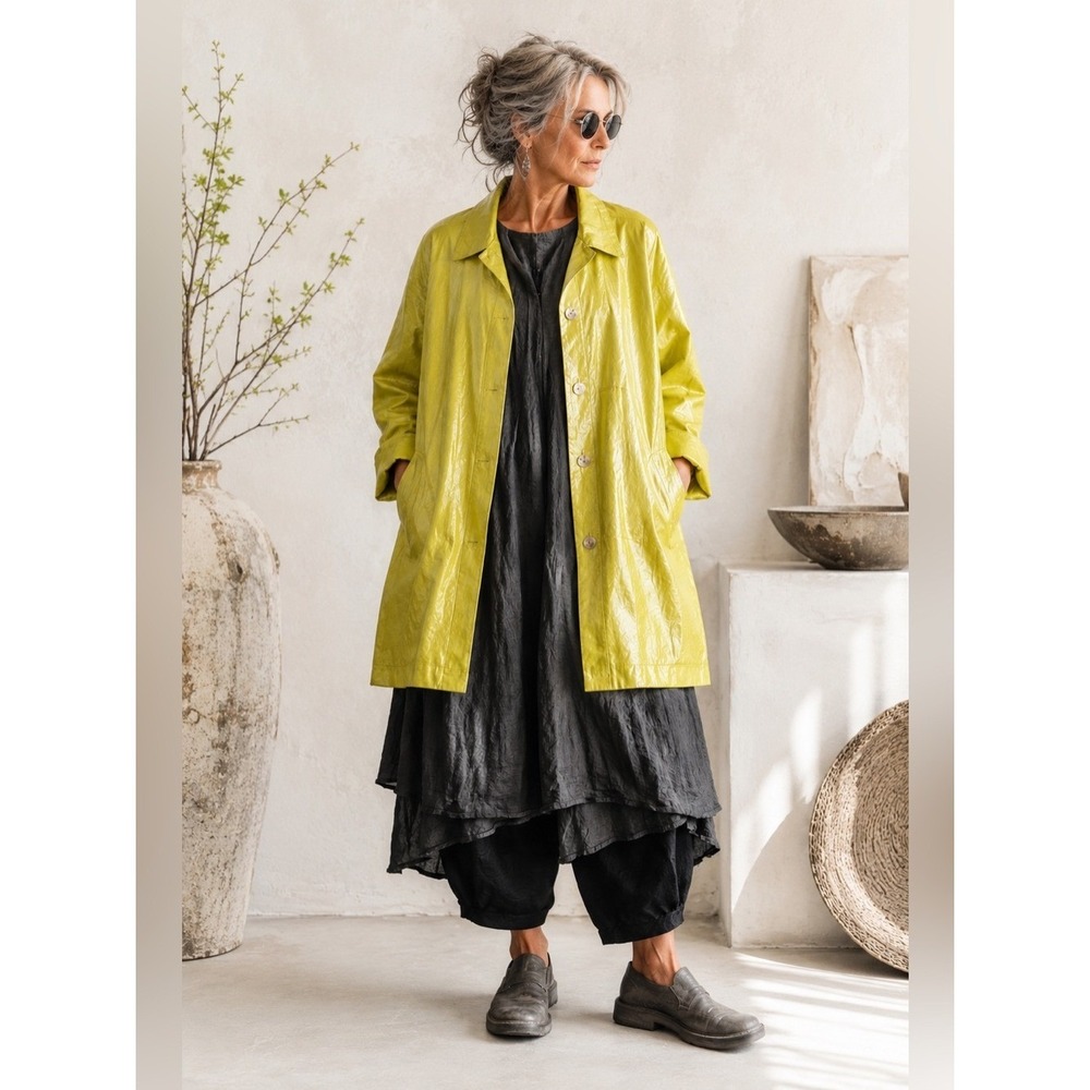 OPUS 204 Vintage Coated Linen Coat 1X 2X Artsy Lagenlook Button Boho Chartreuse
